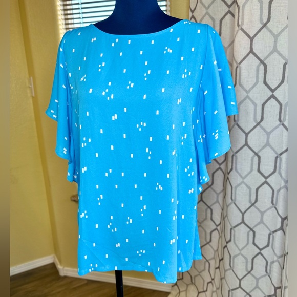 EUC LOFT Blue & White Confetti Print Tiered Flutter Sleeve Blouse - Picture 4 of 15